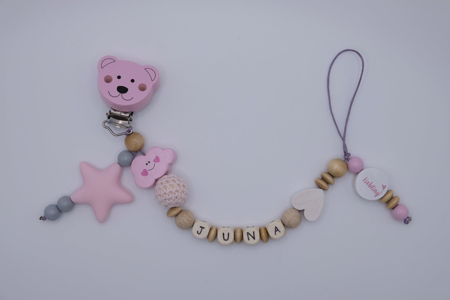 Nuggikette mit integriertem Beissring, personalisiertes Geschenk zur Geburt für das Baby